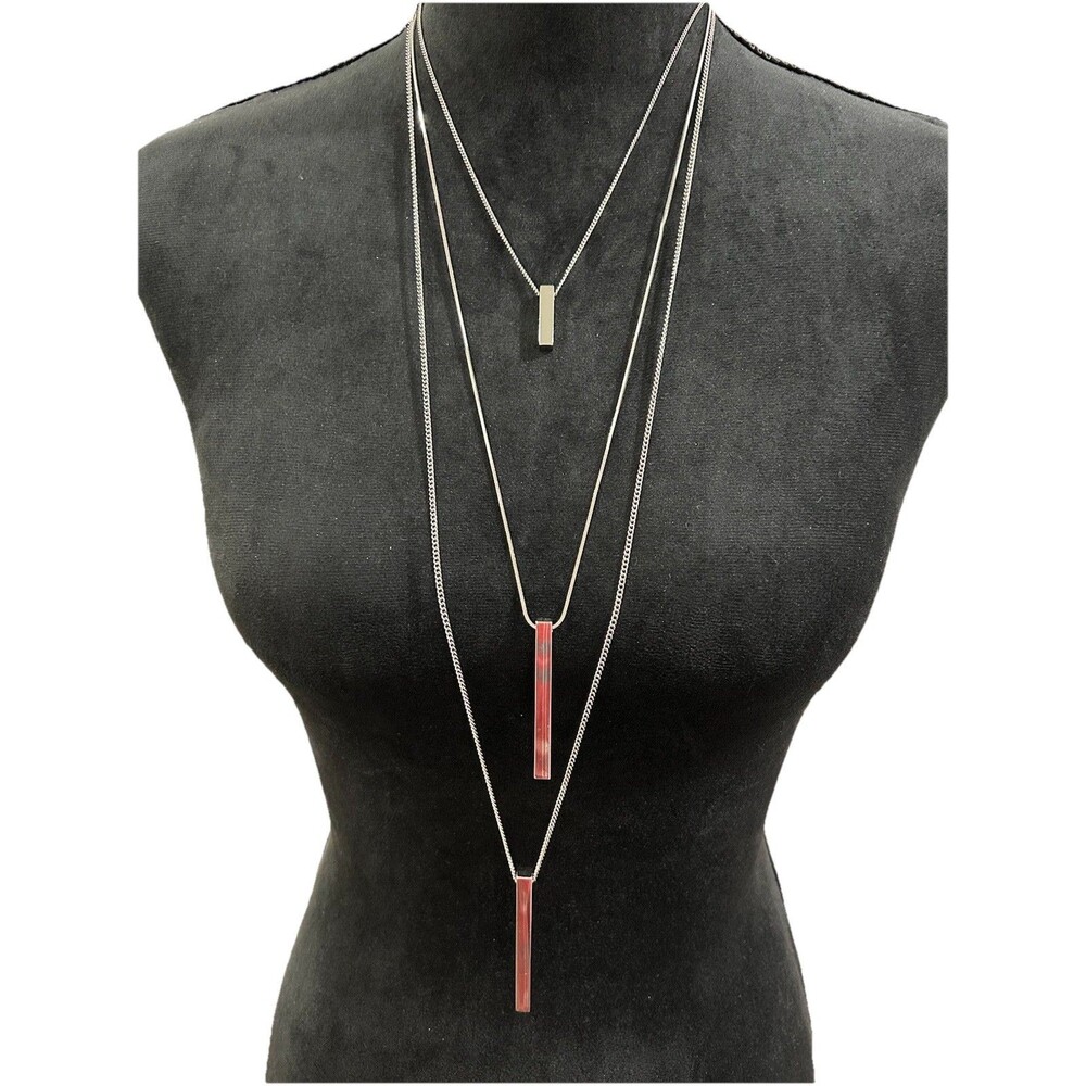 Chicos Triple Layered Silver Tone Necklace 3 Vertical Bar Pendants